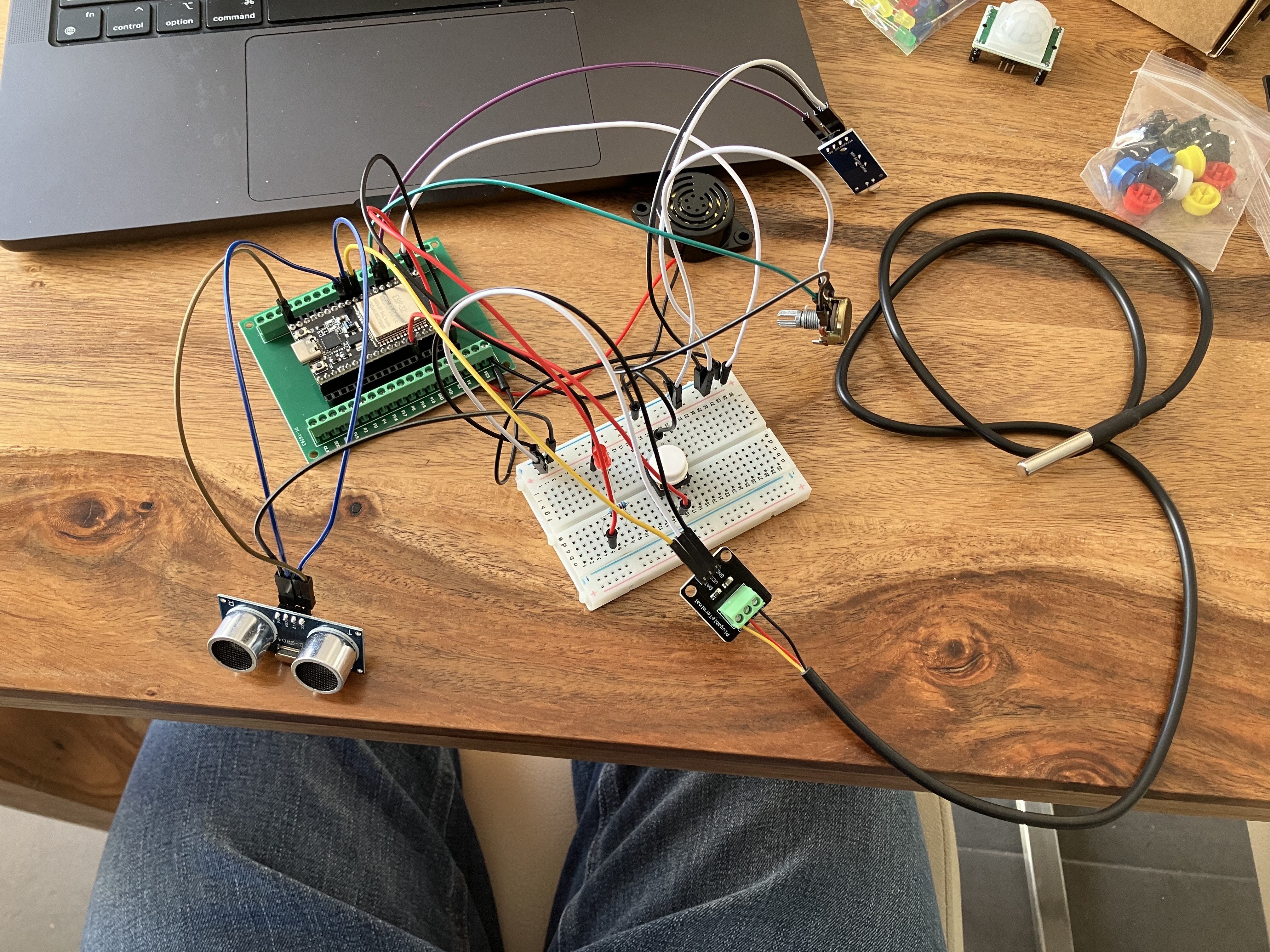 Montage complet de la station de securite avec ESP32, breadboard et capteurs.